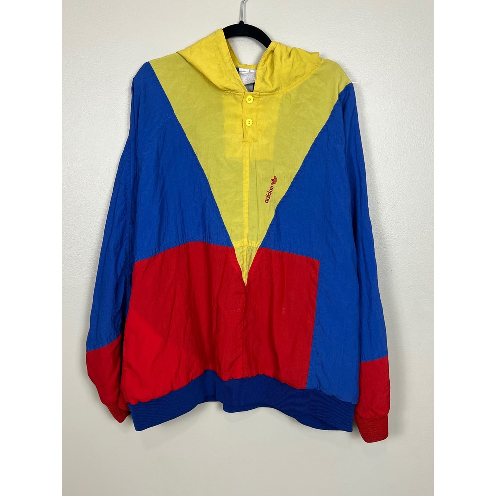 Vintage 1980s Adidas Colorblock Windbreaker Hooded Pullover Blue Red Yellow XL
